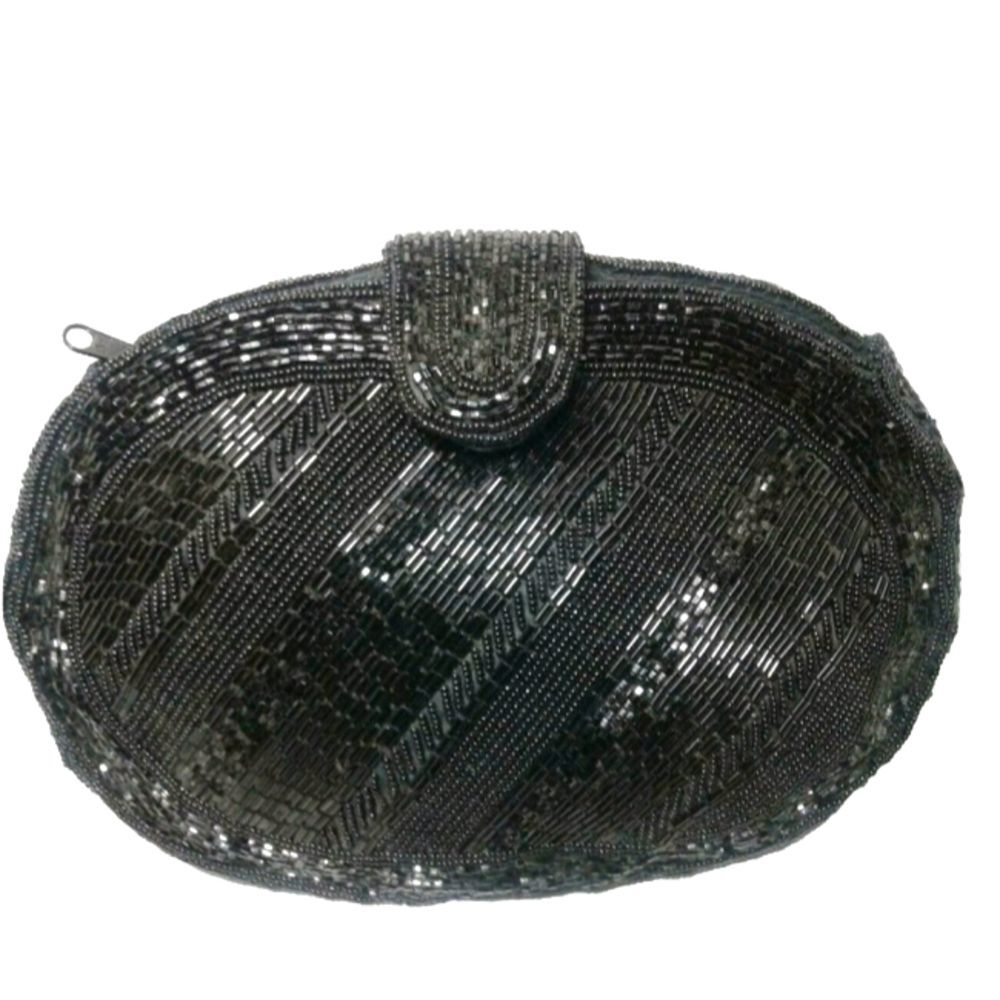 Vintage Macau Bead Clutch Purse 1970's Black Beaded  Clutch Purse Handcrafted